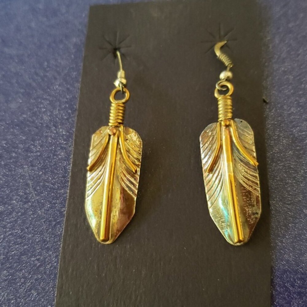 Handmade Native American Feather Sterling Silver with Gold Earrings NWT